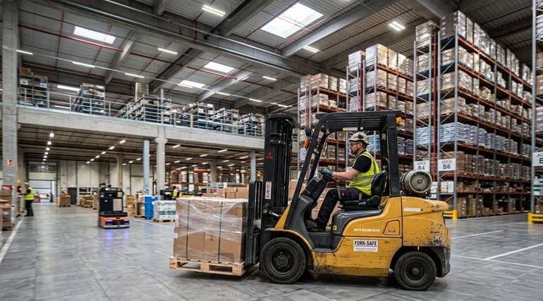 High strength tile adhesive from DryChem toll manufacturing supporting heavy machinery loads in Commercial warehouse.